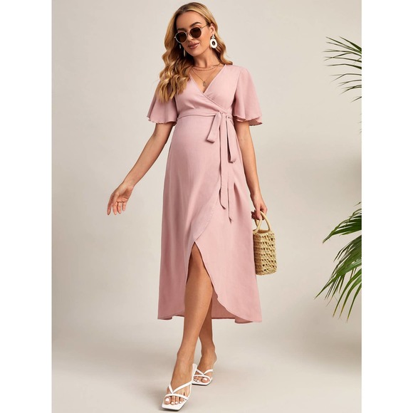 Maternity Flutter Sleeve Belted Wrap Dress pink - Picture 1 of 8